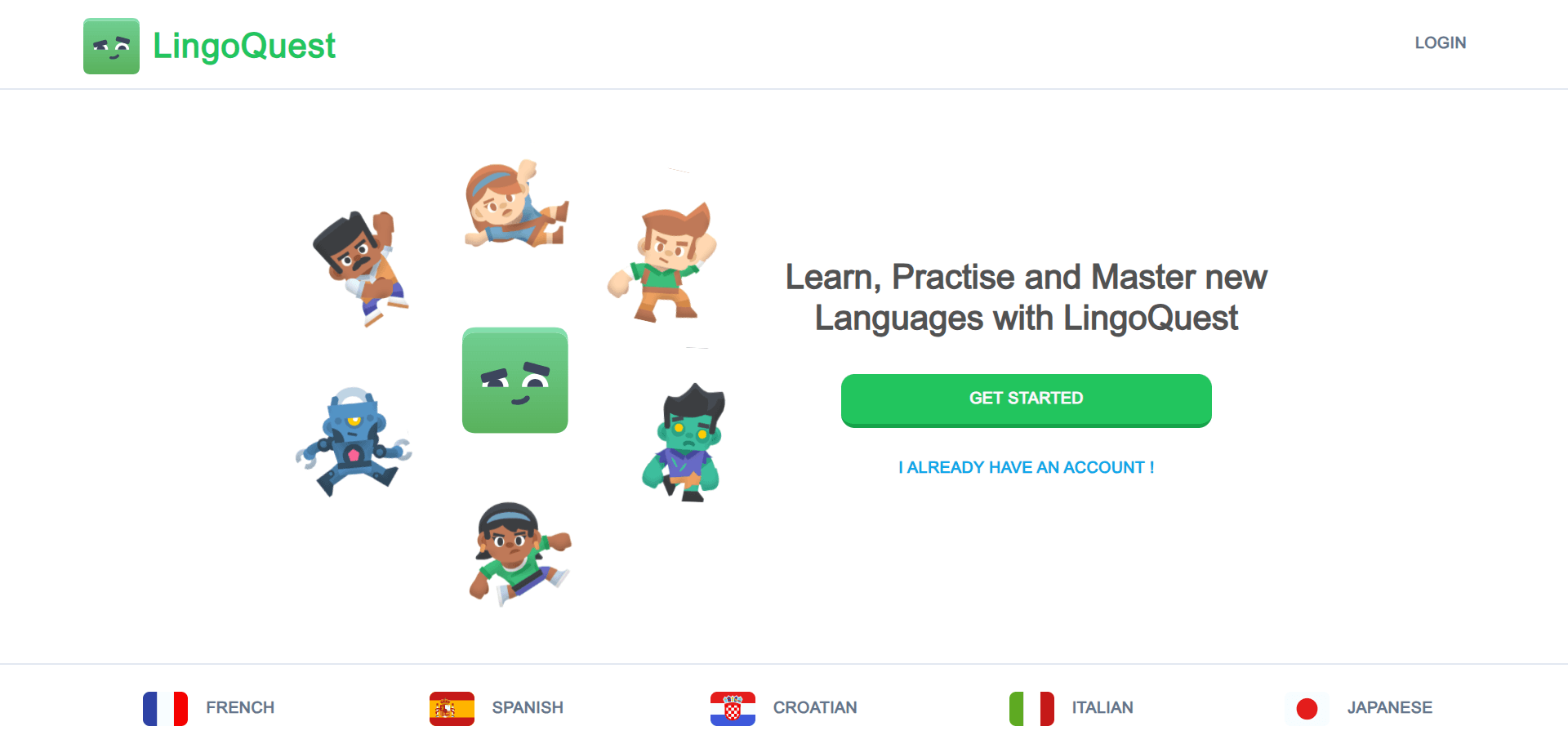 LingoQuest language learning platform — screen 1 of 4