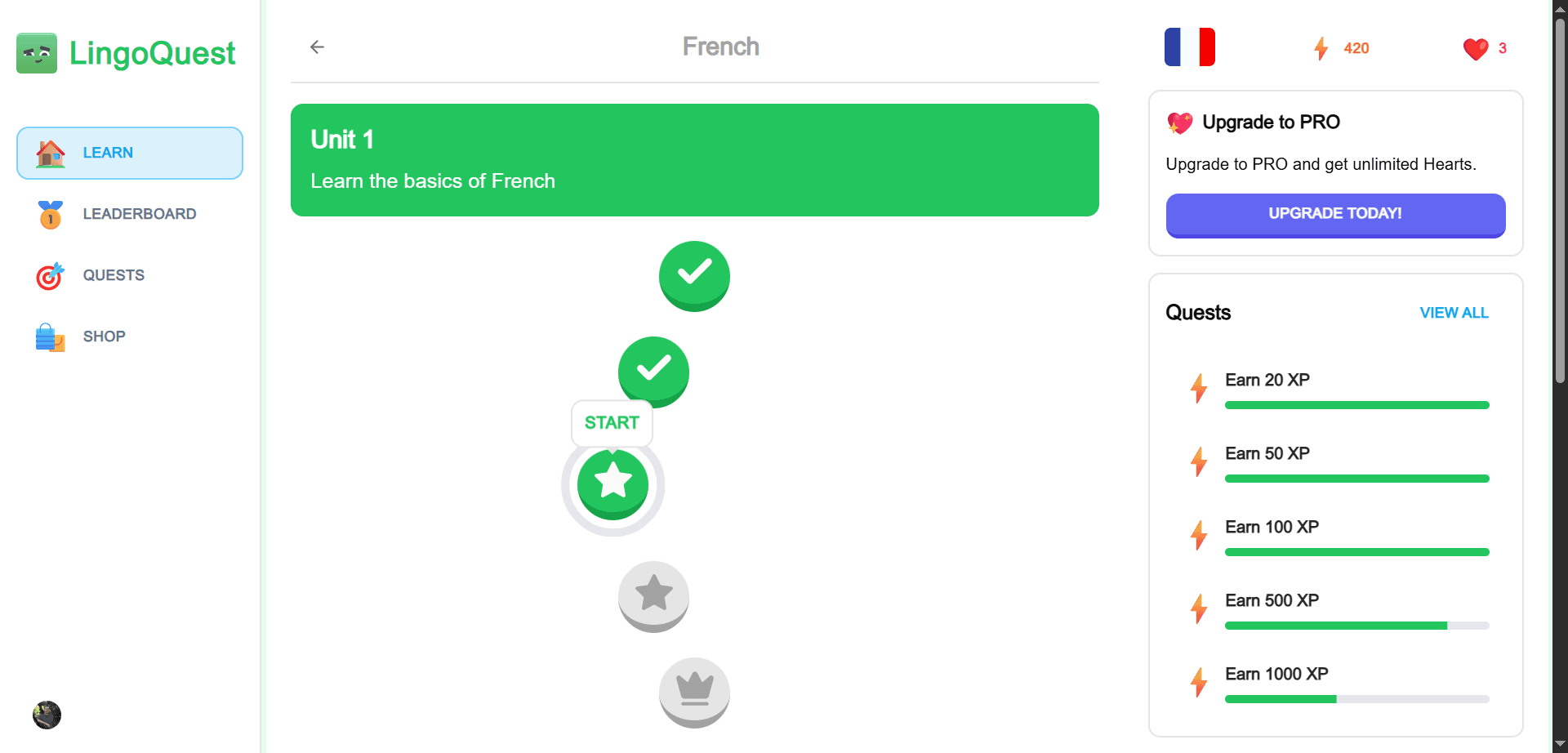 LingoQuest language learning platform — screen 2 of 4