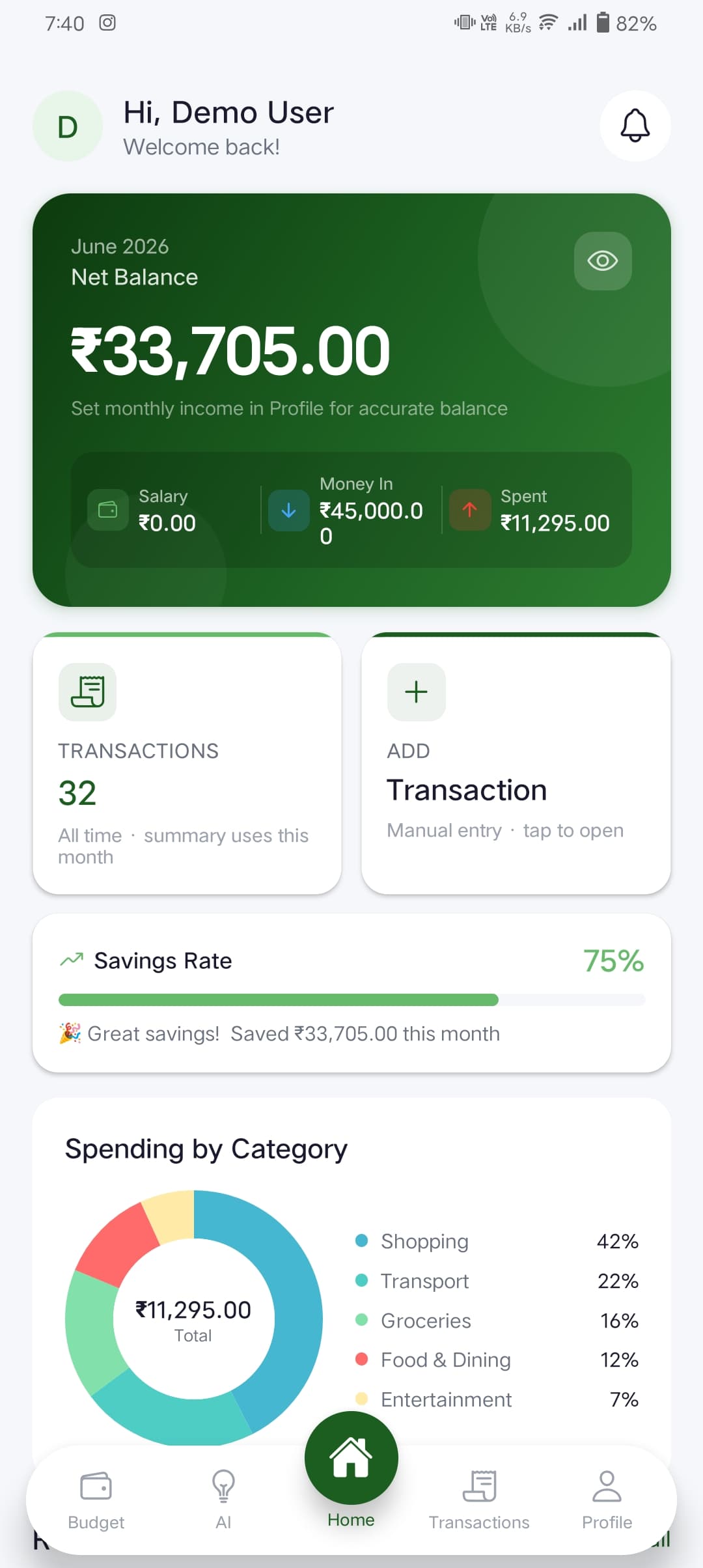 SpendLens AI finance tracker — screen 1 of 3